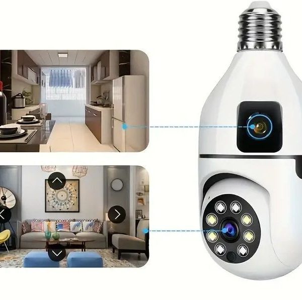 Κάμερα ασφαλείας IP – Dual – Lamp E27 IP Camera ασφαλείας διπλή με σύνδεση λάμπας Ε27. Πανοραμική λήψη, με Αισθητήρα Κίνησης & Night Vision Εύκολη στην εγκατάσταση, εύκολη ρύθμιση με εφαρμογή κατευθείαν στο κινητό σας και καταγραφή σε κάρτα μνήμης micro SD. Δυνατότητα ταυτόχρονης παρακολούθησης σε πραγματικό χρόνο με ήχο και εικόνα.